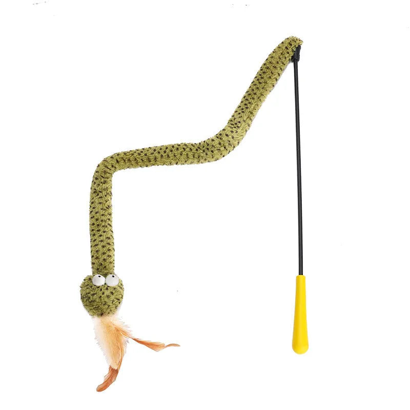 Green cat teasing stick with long pole showing artificial snake and feather attachments for interactive play