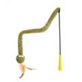 Green cat teasing stick with long pole showing artificial snake and feather attachments for interactive play