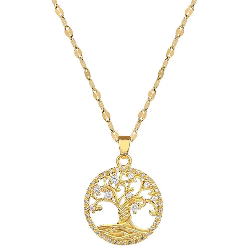 Gold-plated adjustable necklace with cross pendant showing mother of pearl inlay and rhinestone lucky tree design