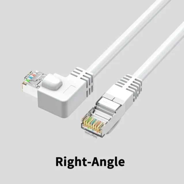 Cat6 Ethernet cable with right-angled metal RJ45 connectors in various colours including black, white, orange, and yellow.