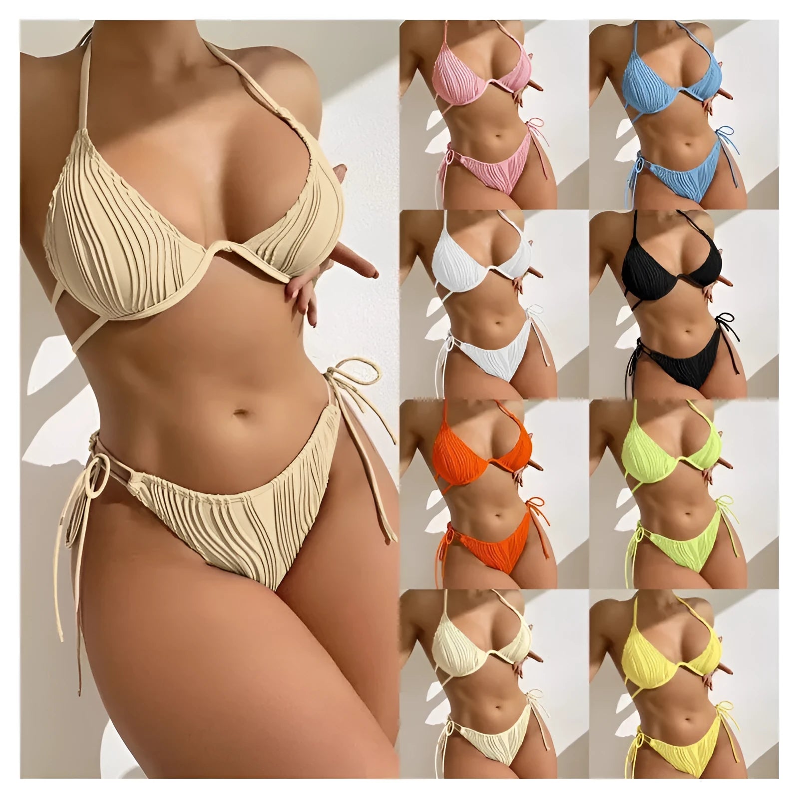 Women's black bikini swimsuit with steel underwire support on a mannequin.