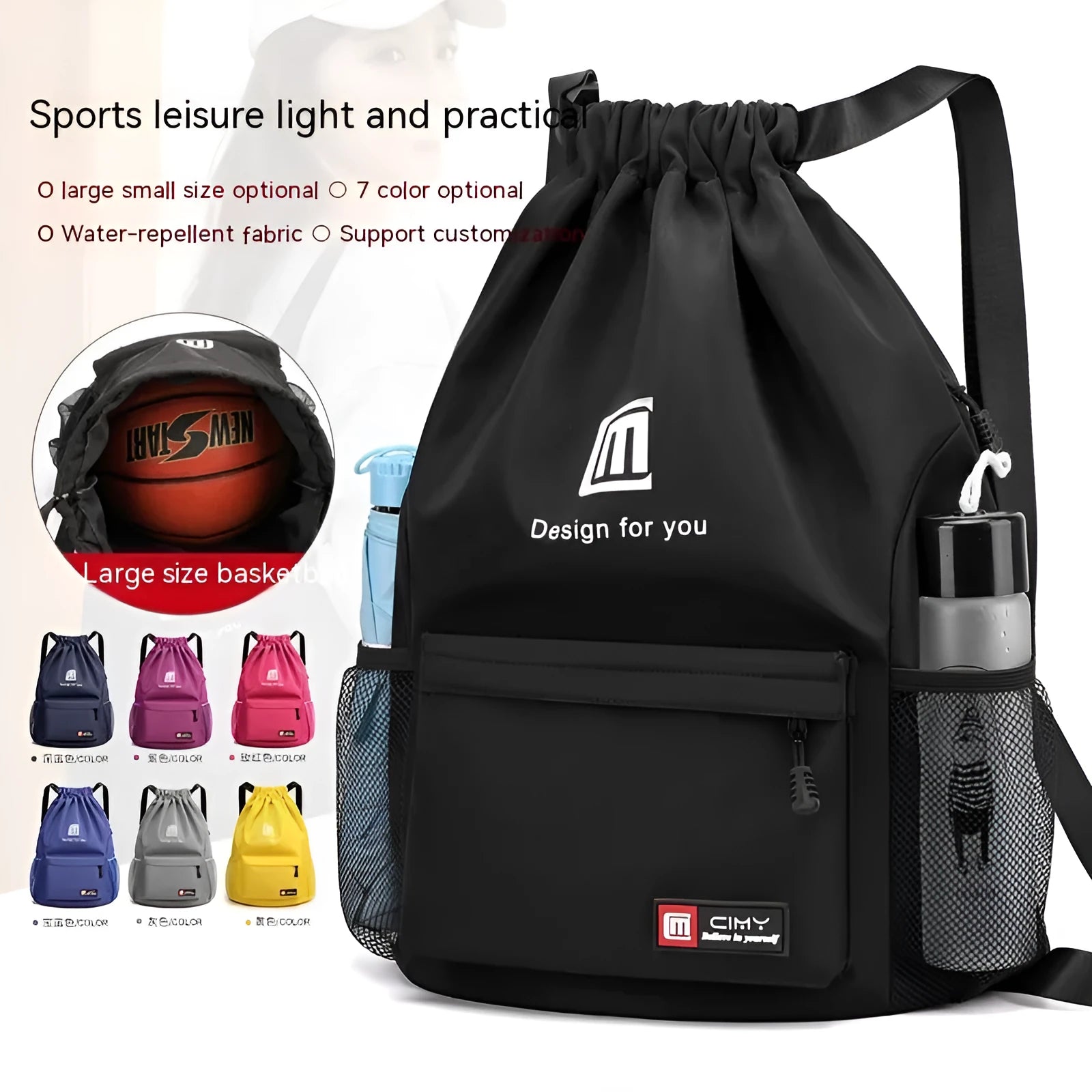Large black Oxford travel backpack with drawstring closure and double shoulder straps