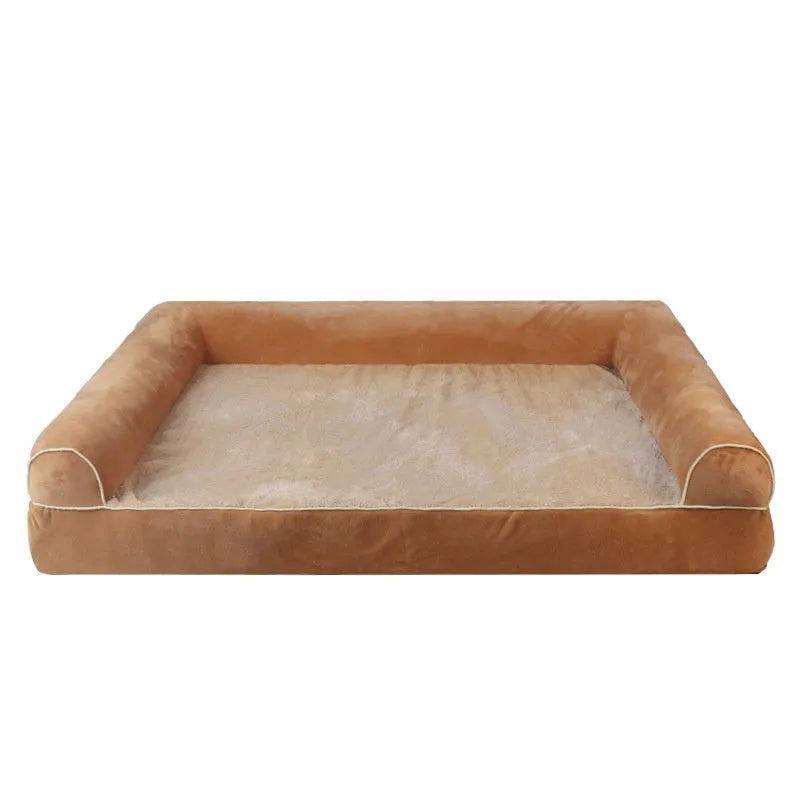 Square sponge cooling dog bed for dogs in a neutral colour on a floor.