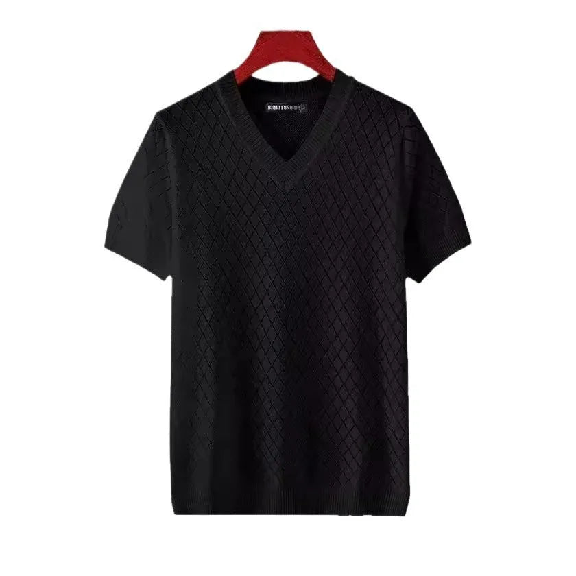 Men's white Ice Silk T-shirt with cut-out detail on V-neck, short sleeves, Korean style.