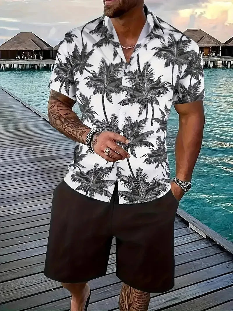 Men's 3D printed Hawaiian style short sleeve top and matching shorts summer suit