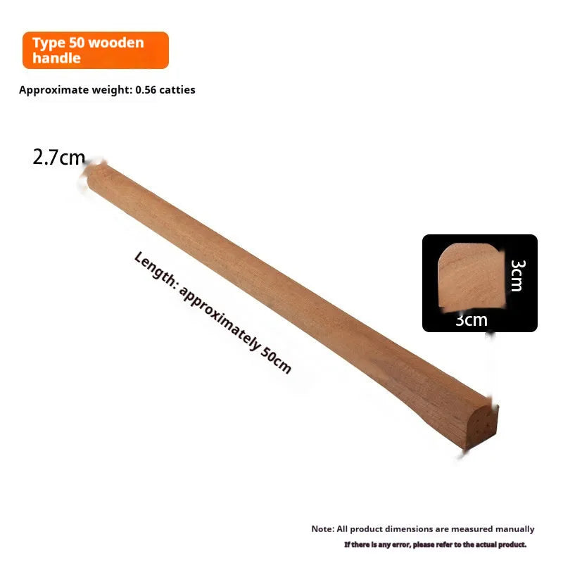 Locust wood tool handles for axes, hoes, and sickles in various lengths on a wooden surface.
