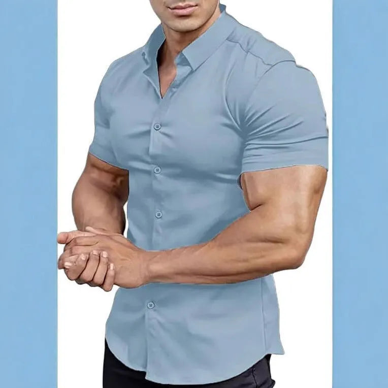 Men's printed short sleeve casual shirt with collar in multiple colour options showing cardigan style