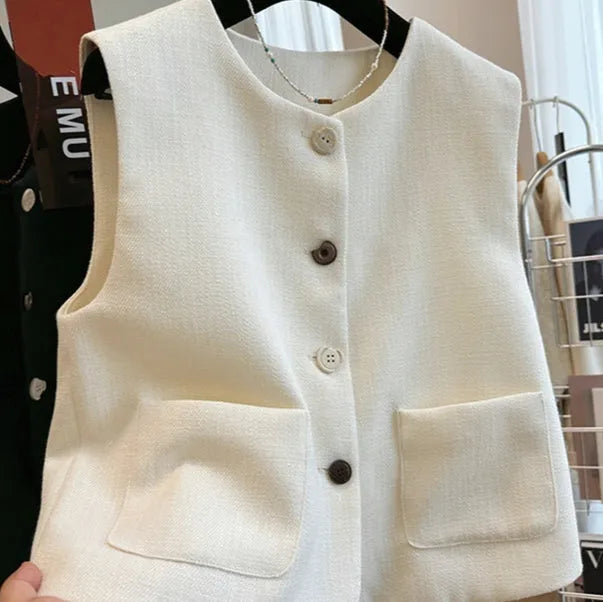 French style round neck sleeveless bandage vest in polyester fabric