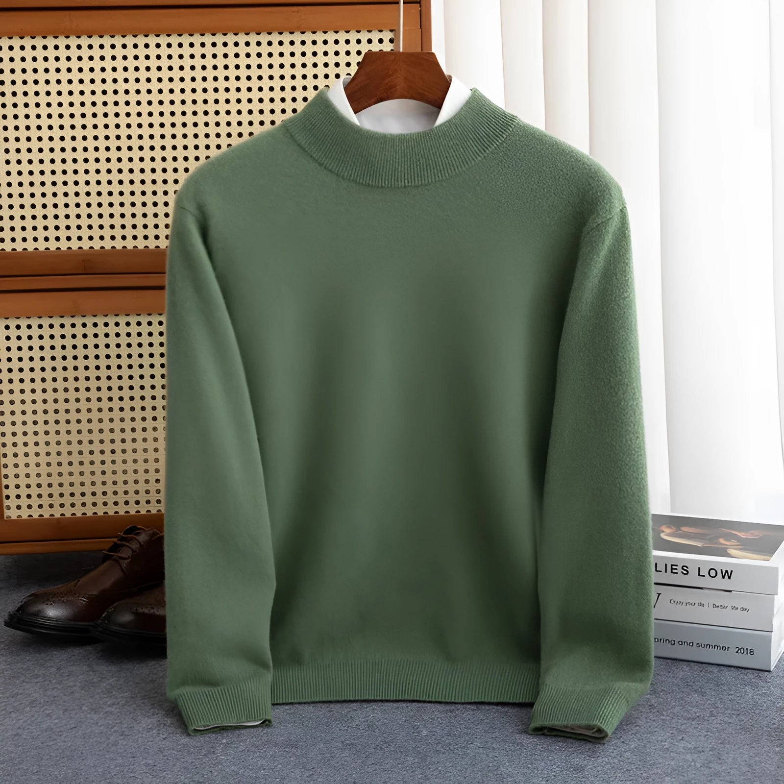 Man wearing a loose-fit half-collar wool sweater in a camel colour, suitable for winter casual wear.