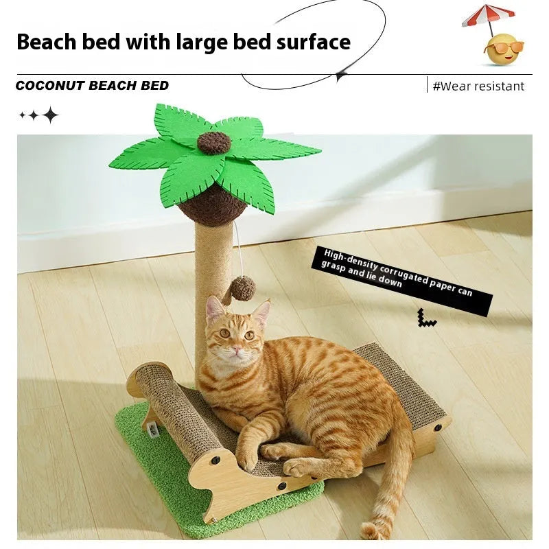 Wooden beach chair cat nest with integrated scratch board and climbing frame.