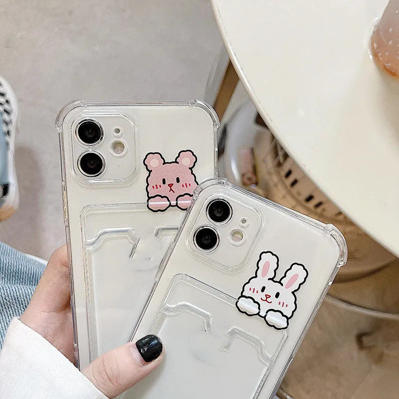 Clear cartoon design TPU phone case with integrated card slot for iPhone, showing BQ2472 colour option.