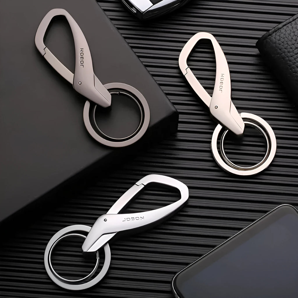 Zinc alloy double ring key waist hanger in black, chrome, and nickel colour options.