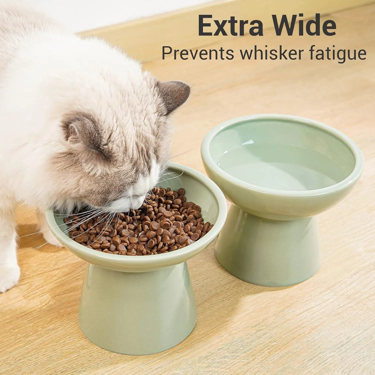 Elevated ceramic cat bowl with wide shallow dish for whisker fatigue prevention
