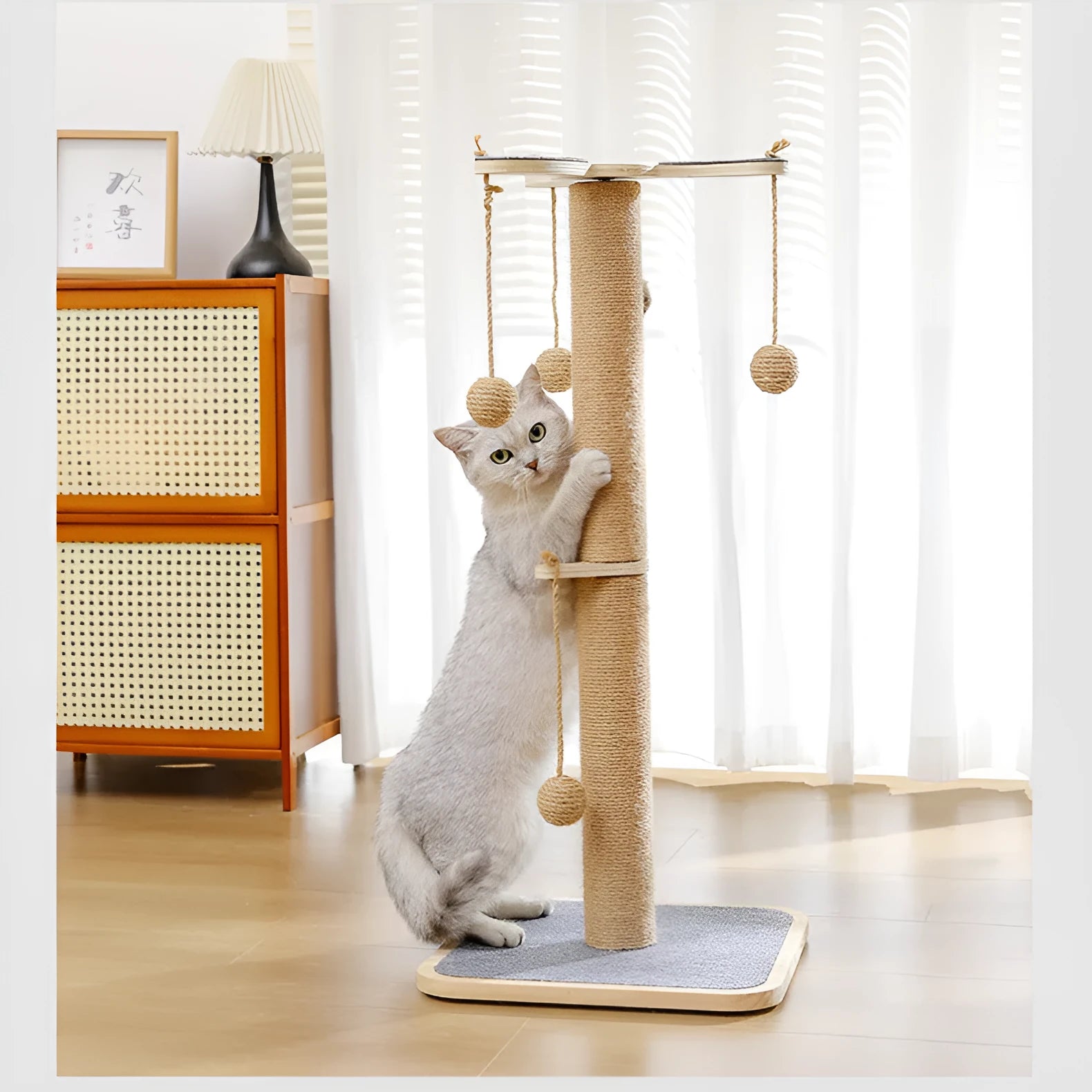 A simple-style cat climbing frame made of pine wood with a carpet leather finish and a hanging ball toy.