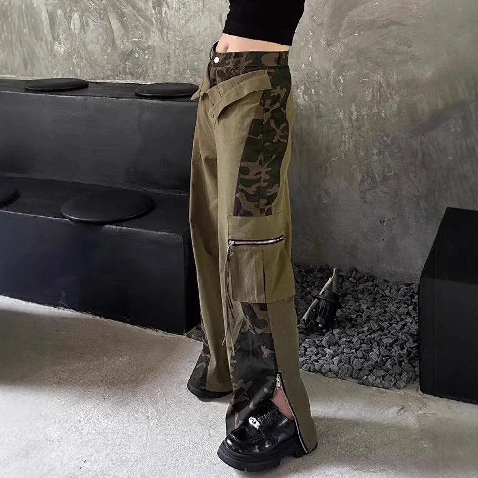 Dark khaki high-waist jeans with a leopard print pattern and tooling-style stitching details on the legs.