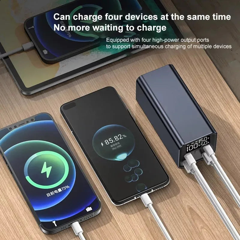 Black high power laptop charging bank with metal case showing size and USB-C port.