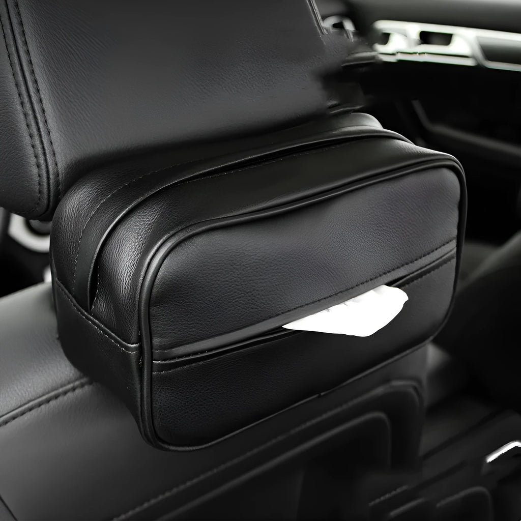 Black PU leather hanging organiser bag for car storage with dimensions 230mm x 110mm x 90mm.