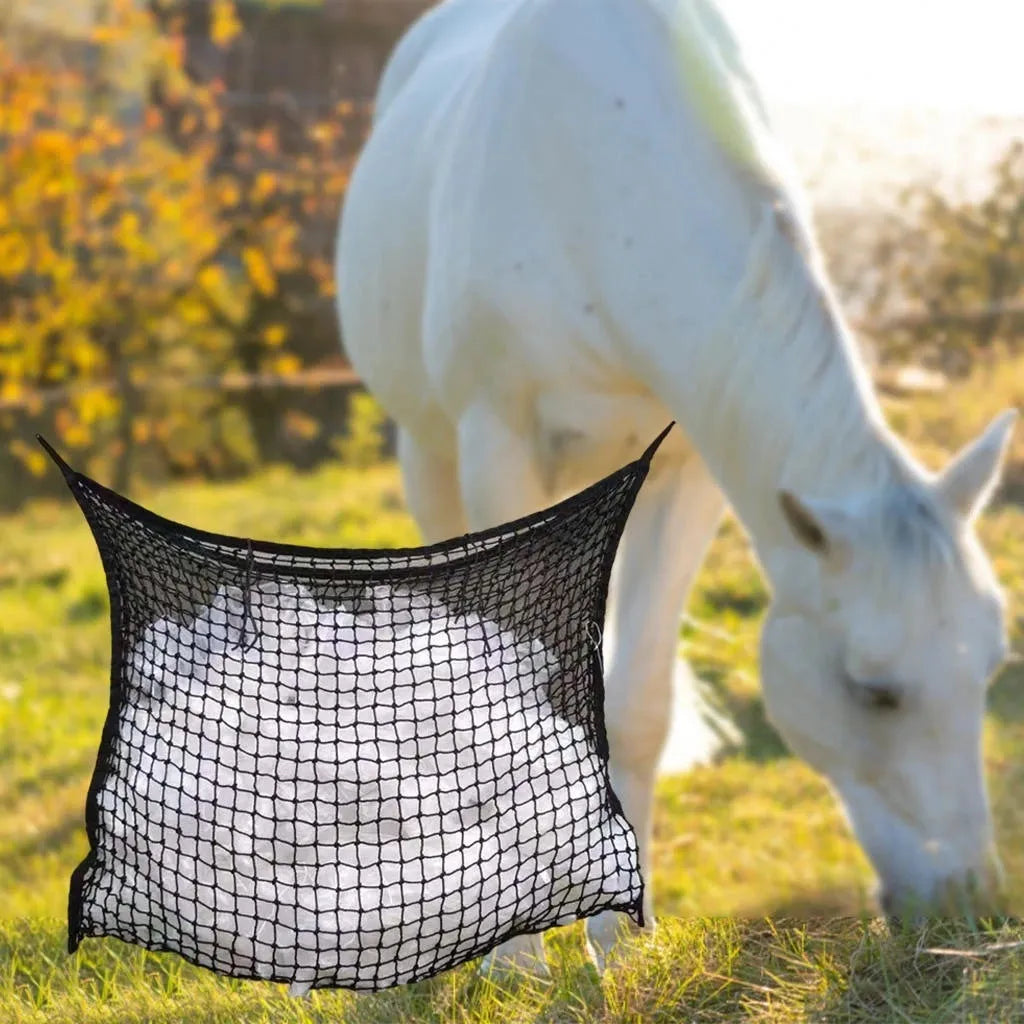 Woven PE rope grid horse feeding bag in black colour showing hanging design and weaving construction
