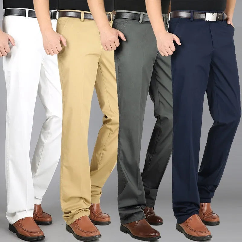 Men's elastic cotton high waisted loose trousers in khaki yellow, front view