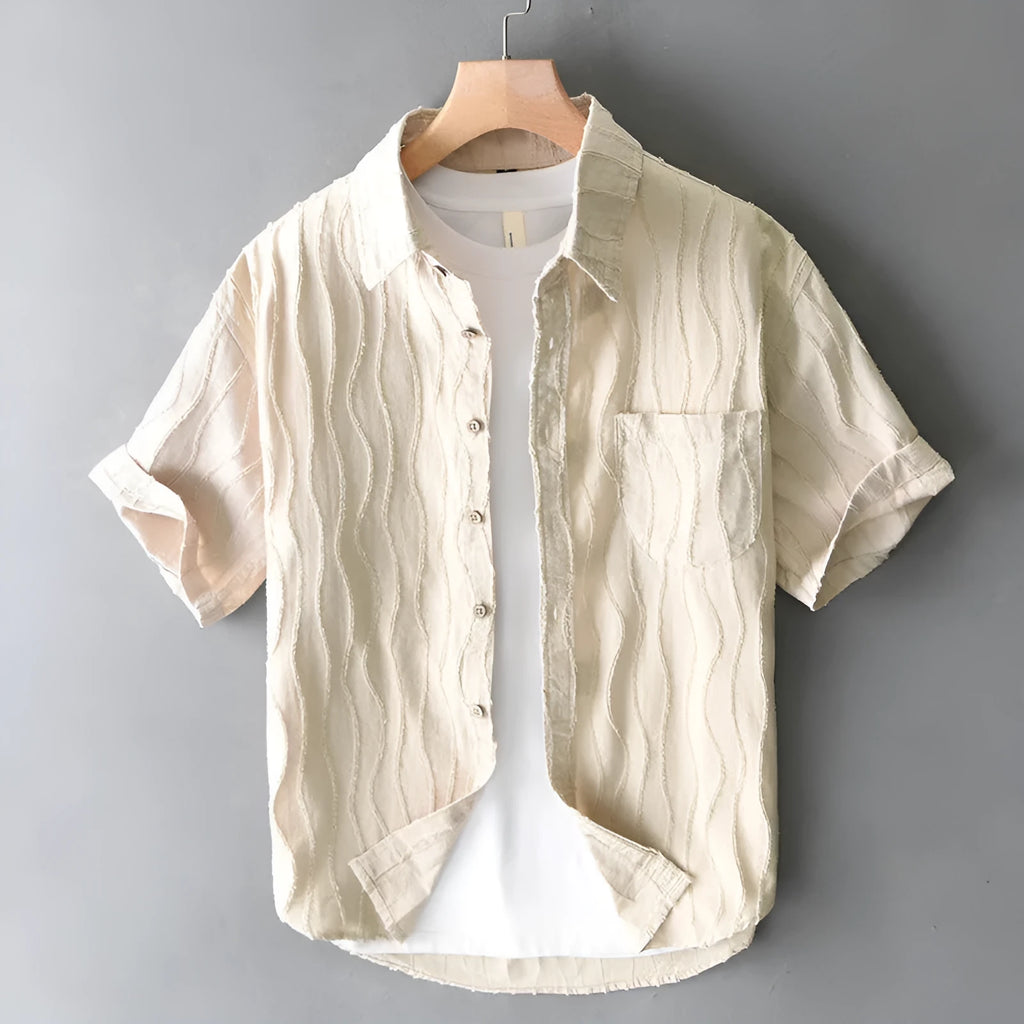 Men's pure cotton casual shirt with Japanese style, loose fit, and short sleeves in apricot colour