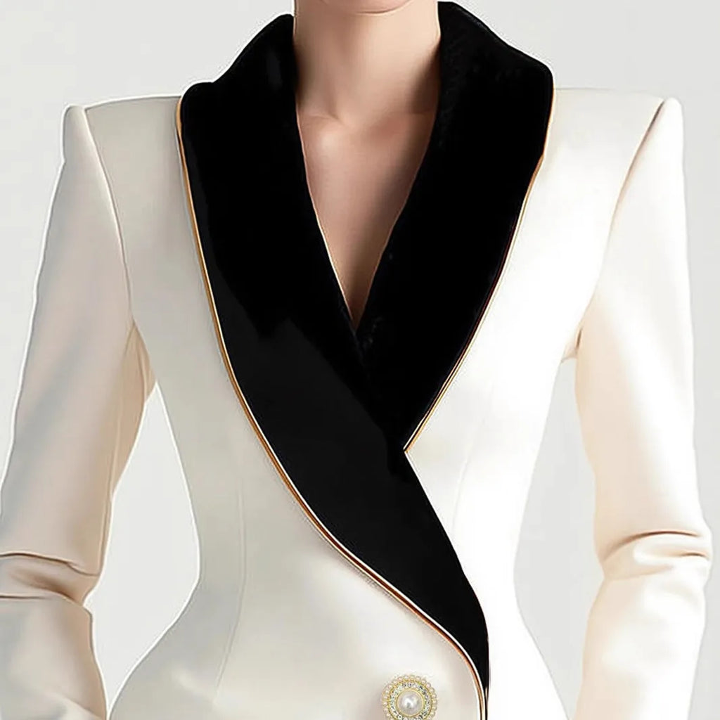 Milky white women's coat with golden edge detailing and pearl button front closure