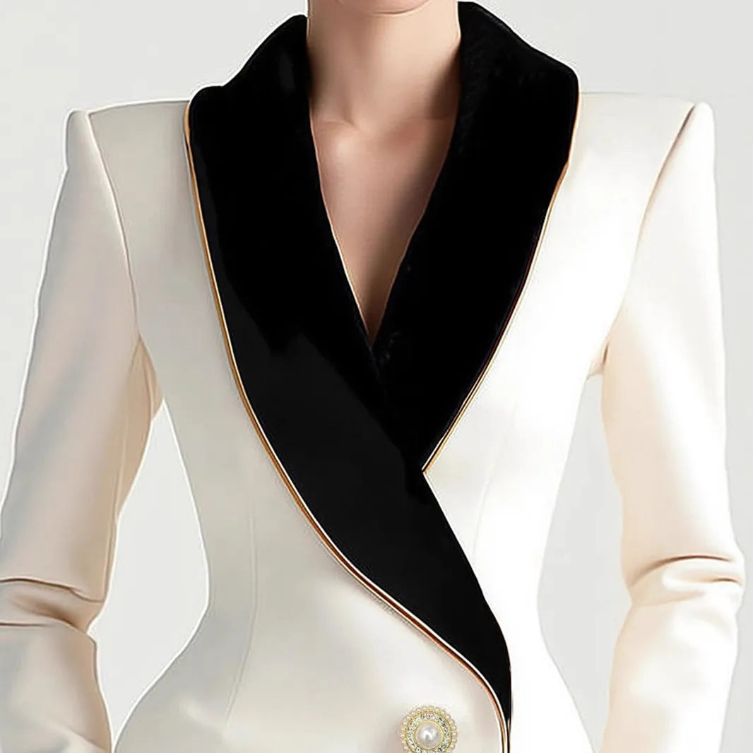 Milky white women's coat with golden edge detailing and pearl button front closure