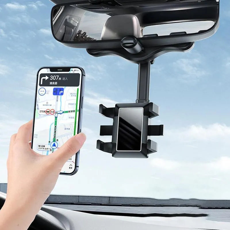 Black rearview mirror phone holder with rotating head and telescopic arm mounted on a car mirror.