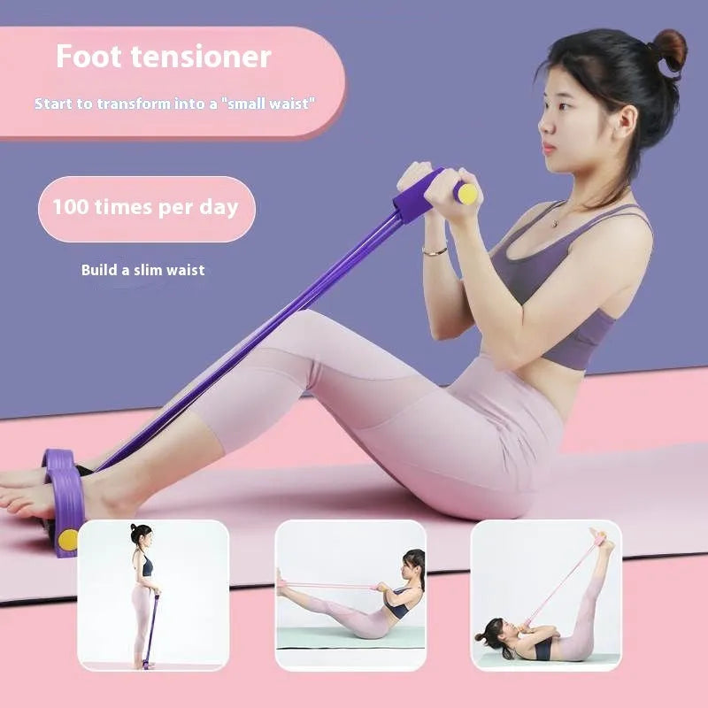 Yoga four piece fitness set showing leg stretcher, pedal puller, yoga ring, and tension rope.