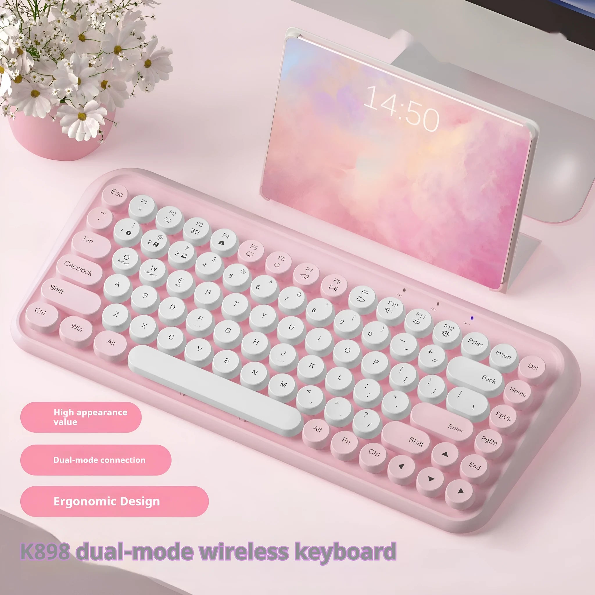 Pink portable Bluetooth keyboard with 84 keys and wireless connectivity
