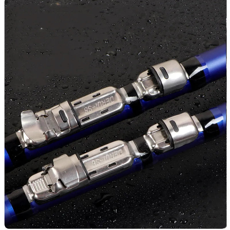 Blue carbon telescopic rock fishing rod extended showing full length against a neutral background