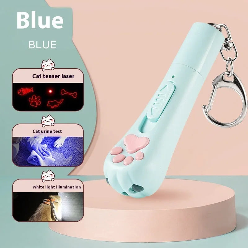 Rechargeable cat teaser pen light toy in pink, cream, and sky blue colours with Self-Hi button.
