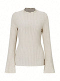 Long sleeve round neck top with sunken stripe pattern and lantern sleeves in black
