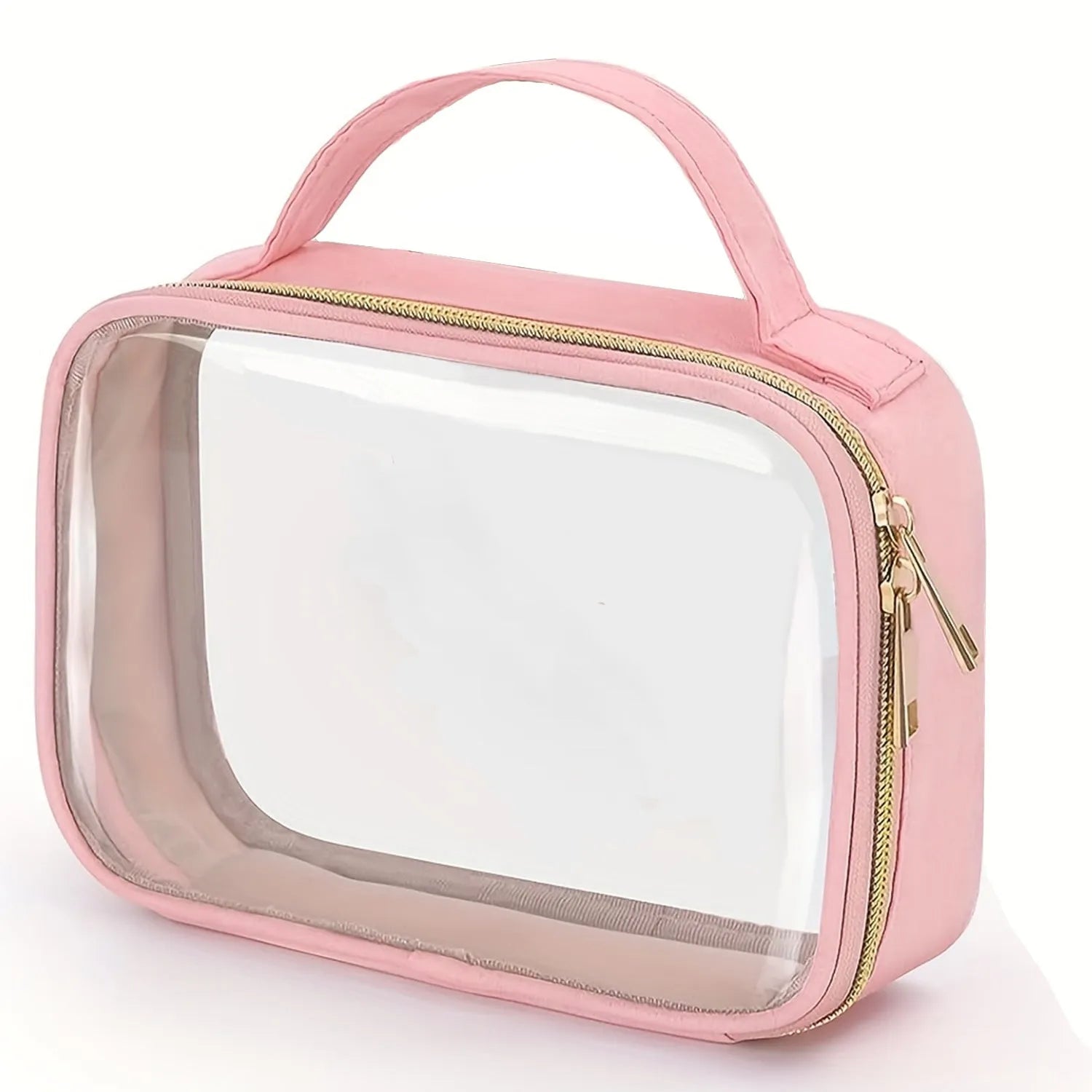 Transparent PVC cosmetic organiser bag with chain in multiple colours including leopard print for lipstick and brush storage.