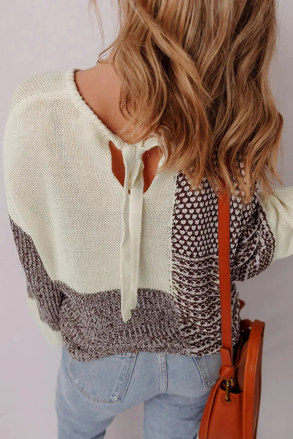 Dark khaki colour block loose sweater with drop shoulders and back tie detail