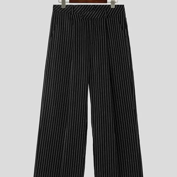Black men's trousers with vertical stripes, front pleats, and a soft rabbit hair bamboo fibre fabric blend.