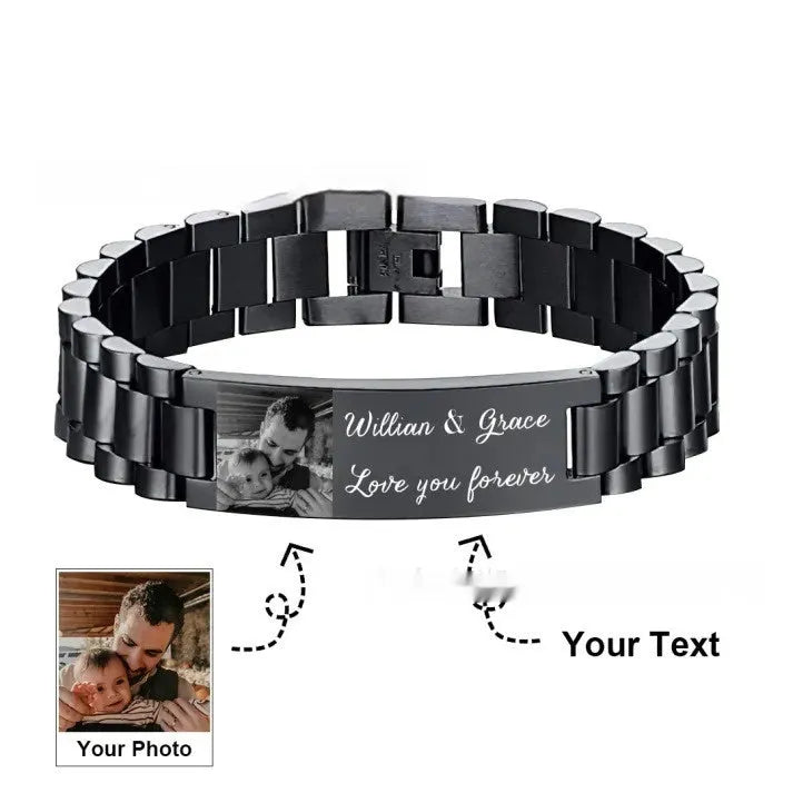 Titanium steel men's bracelet with heart-shaped curved pieces featuring electroplated lettering in black or grey