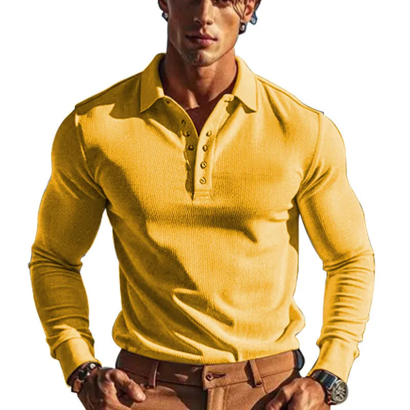 American men's waffle polo collar button long sleeve slim-fit T-shirt in solid colour white on model