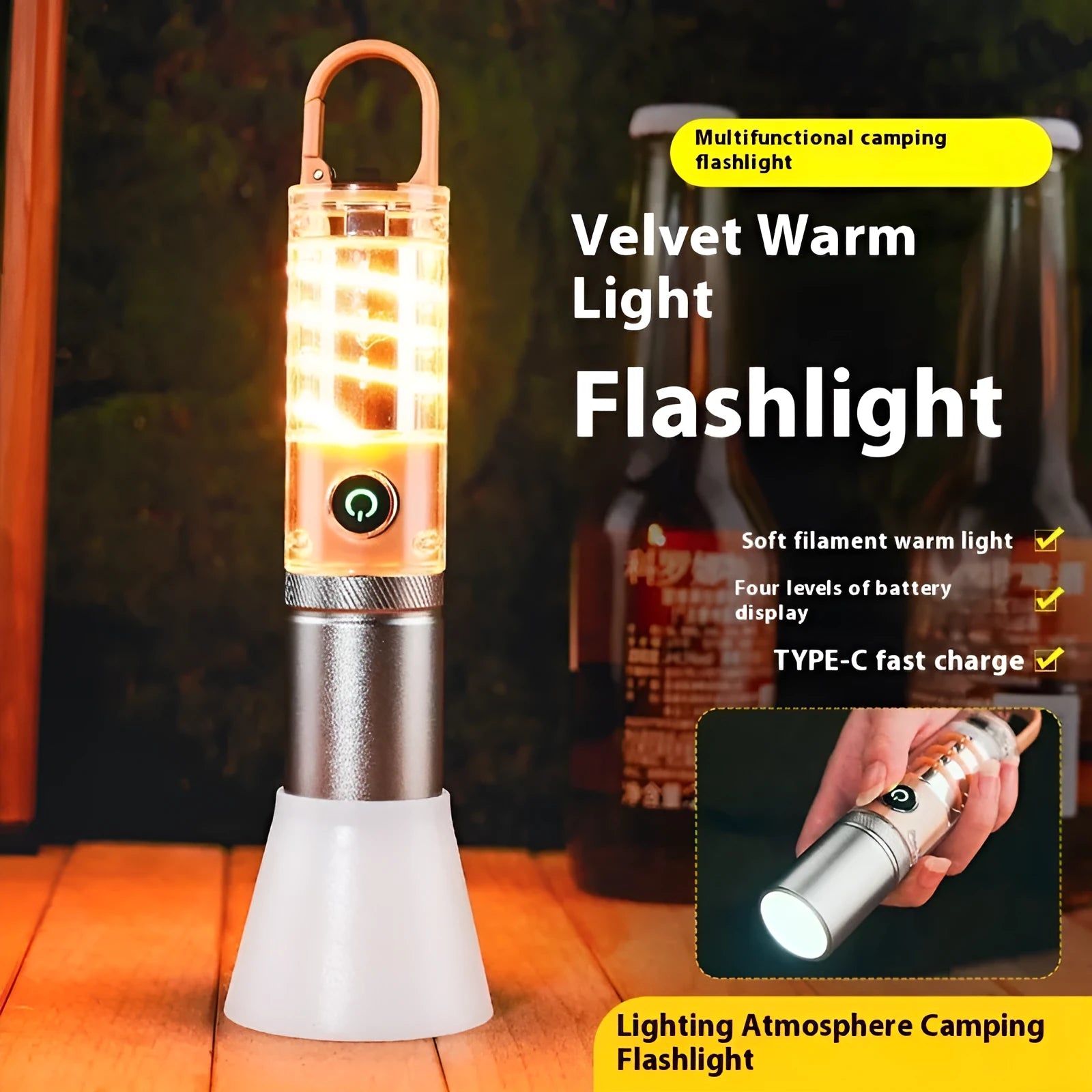 Orange and beige 10W dual light source flashlight with hook and optical zoom feature