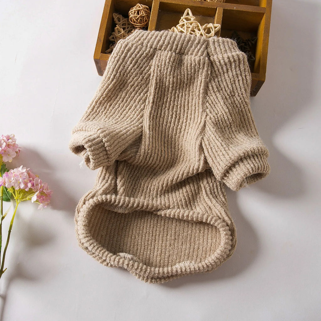 Brown cloth pullover sweater on a small dog, showing casual style and fit for breeds like Bichon or Pomeranian.