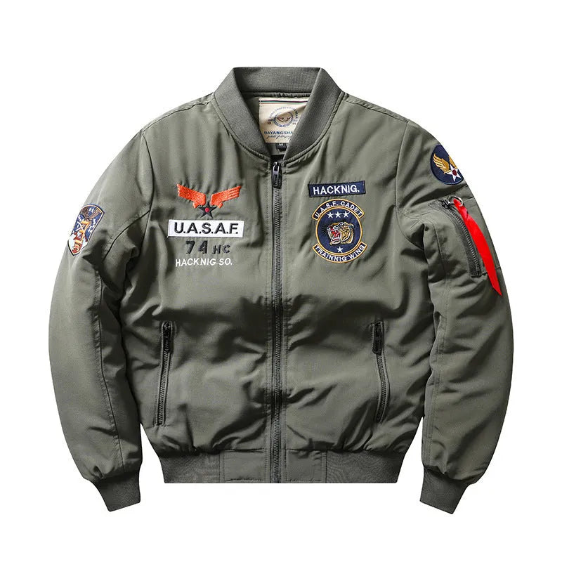 Slim-fit men's retro cotton-padded coat with stand collar and quilted embroidery, shown in blue.