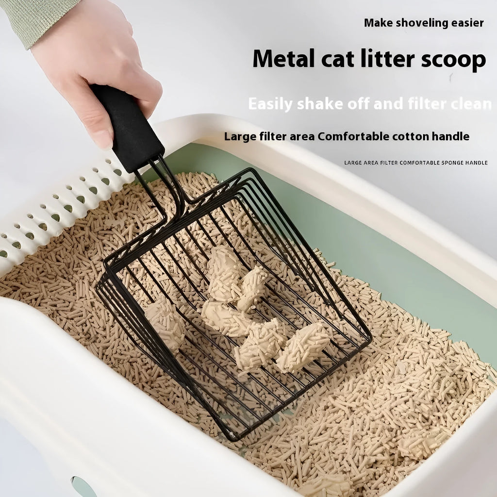 Black metal cat litter scoop with narrow tine spacing for efficient waste removal from litter trays