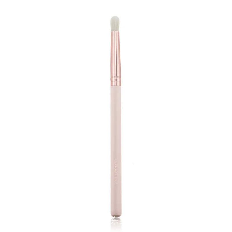 26 pink wooden-handle makeup brushes arranged in a grey PU zip case.