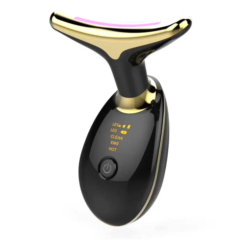White handheld EMS thermal neck massager with LED lights on a black background.