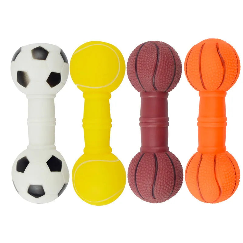 Brown, orange, white and yellow football dumbbell shaped squeaky dog chew toy.