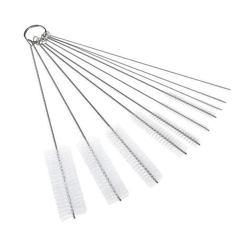 Nylon cleaning brush set with stainless steel handle for reusable straws, black and white options