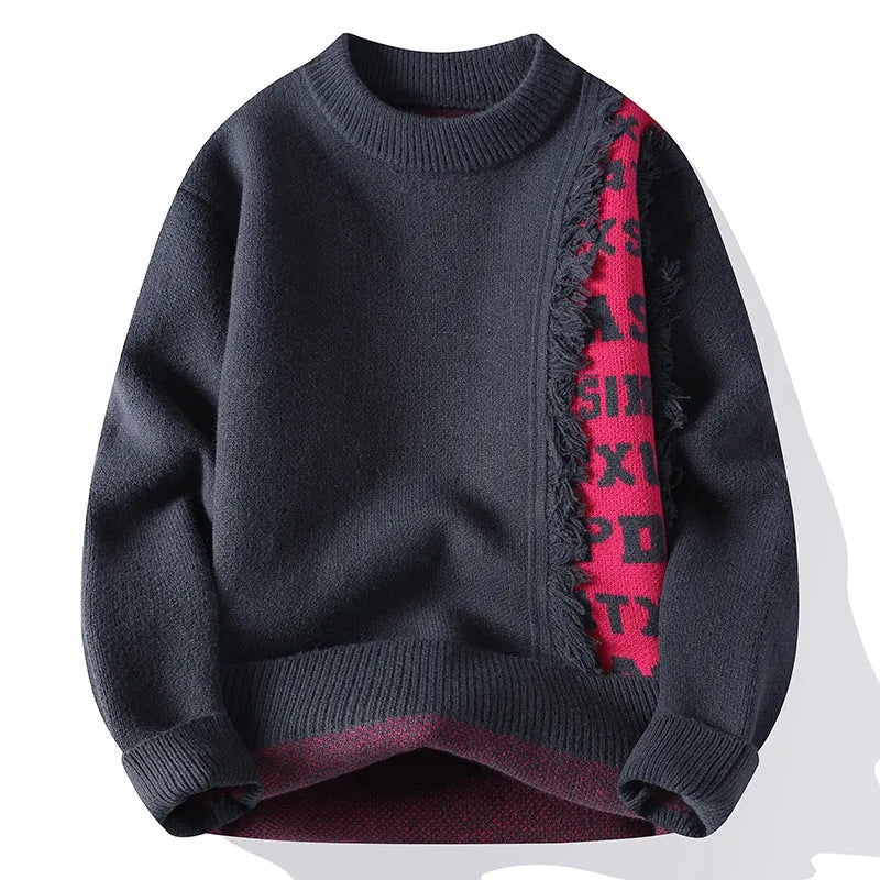 Men's loose fit knitted pullover jumper in rabbit fur polyester fabric with ribbed hem