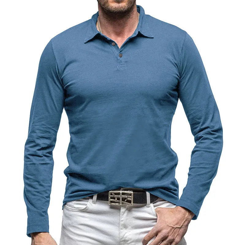 Men's dark grey cotton polo collar long sleeve T-shirt laid flat, American retro style.
