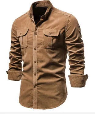 Men's denim blue linen long-sleeve casual shirt laid flat, showing button front and relaxed fit.
