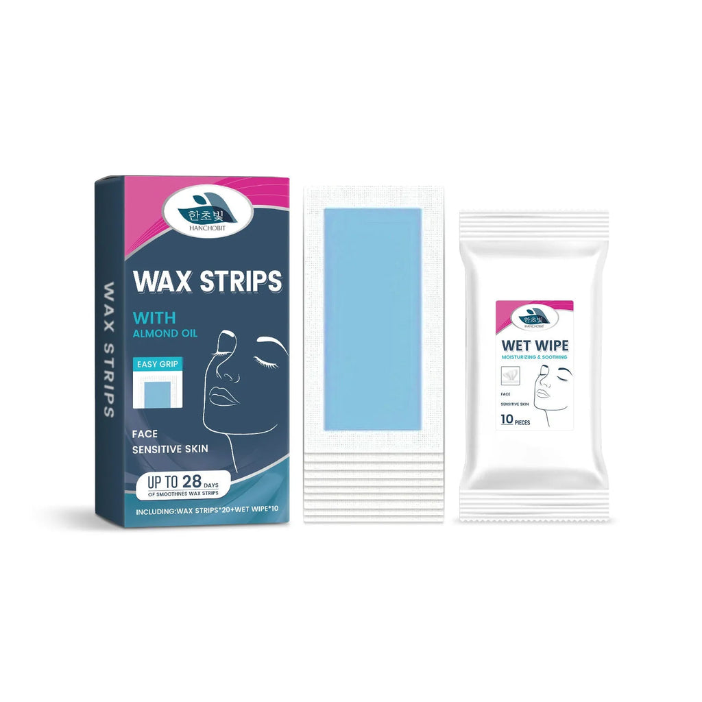 HANCHOBIT facial hair removal wax strips kit showing 20 pre-waxed strips and 10 cleansing wet wipes