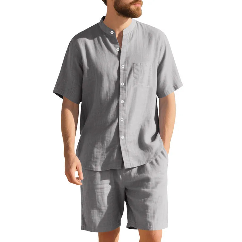 Men's linen blend summer suit with Henry collar, short sleeves and matching shorts in army green